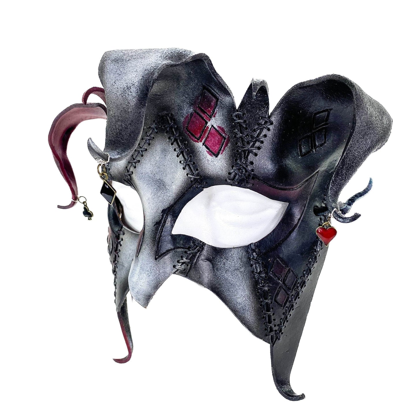The Joker's Card - Grungy Joker Jester Handmade Genuine Leather Mask in Red with Charms -