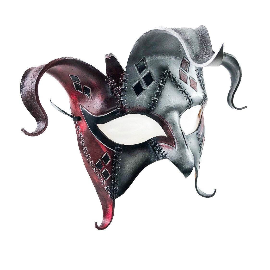 The Joker's Card-Joker Jester Handmade Genuine Leather Mask in Red -