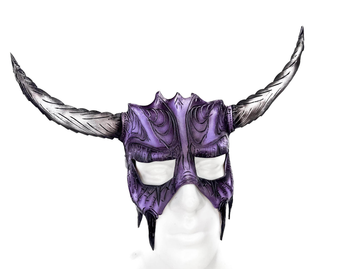 Handmade Genuine Leather Mask with Horns in Purple and White The Horned Beast -