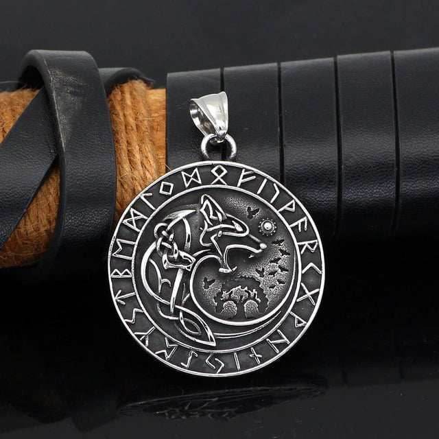 Vikings Wolf and Runes Stainless Steel Necklace -