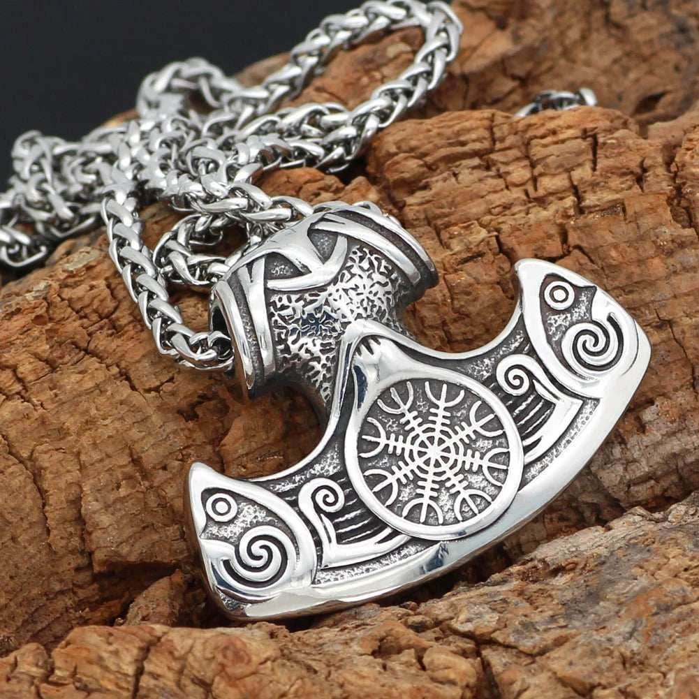 Vikings Axe and Helm of Awe Stainless Steel Necklace -
