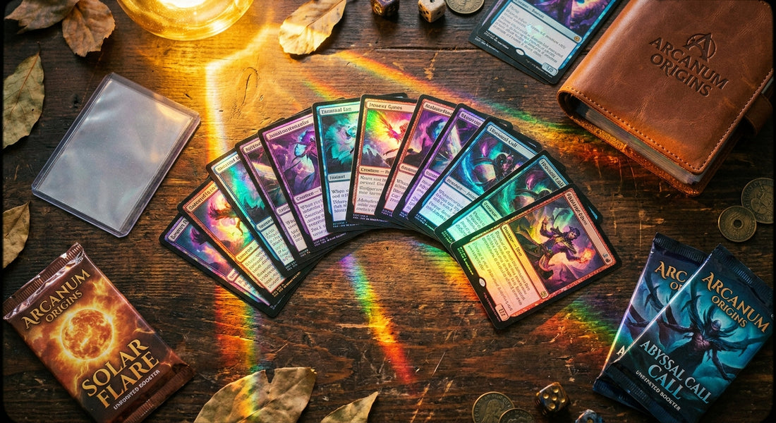 A flat lay of colorful holographic trading cards fanned out on a dark wooden table surrounded by collector accessories like protective sleeves and booster packs, bathed in warm golden light.