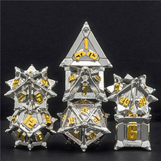 White w/Gold Pinwheel Strengthened Metal 7-Dice Set | Metal DND Dice - 