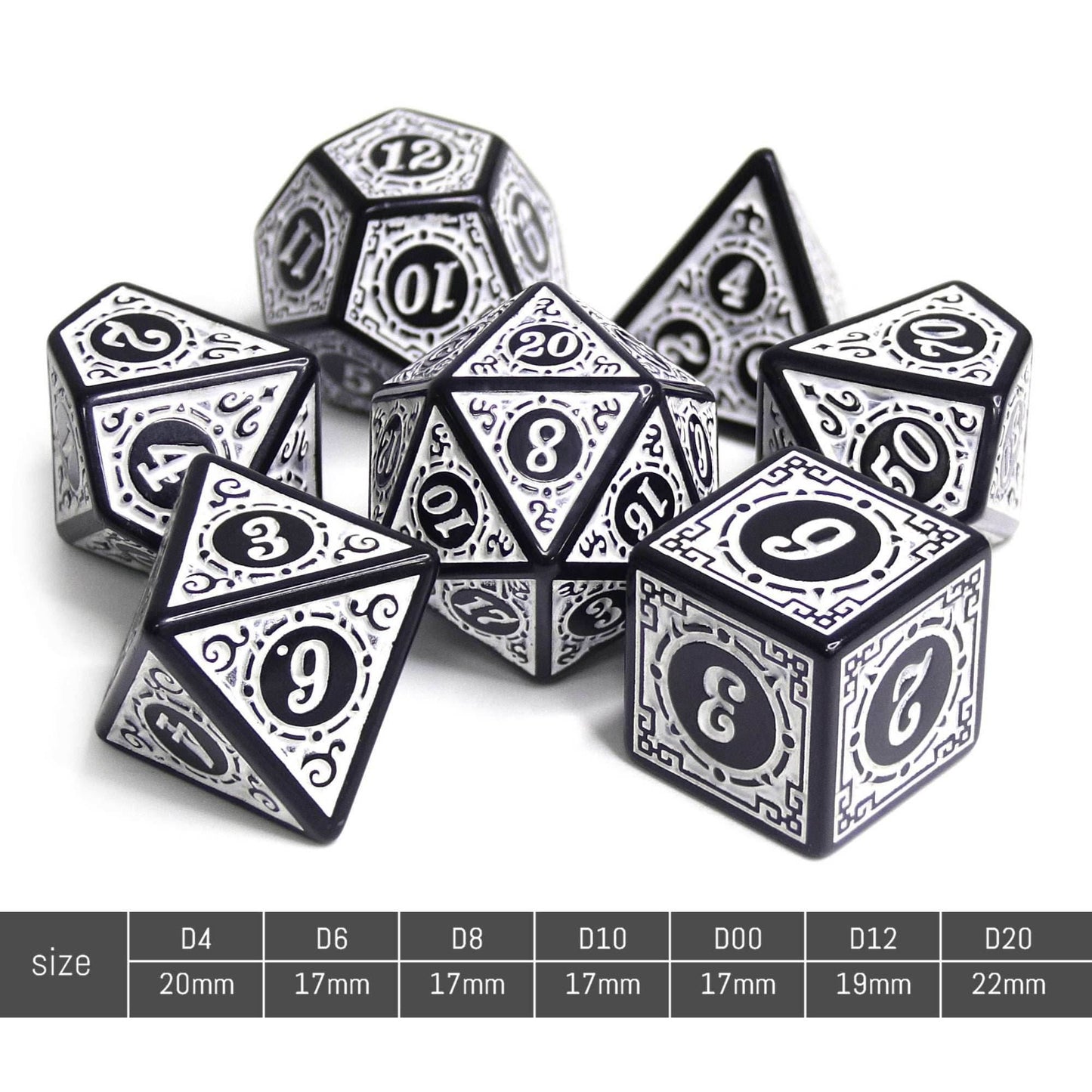 White Magic Flame 7-Dice Set DND RPG Dice Black w/Color Fill - 