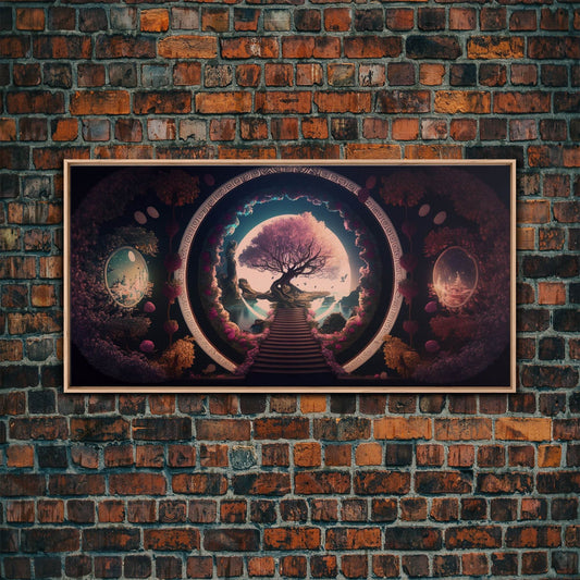 Stairway to a magical forest, fantasy concept art, framed canvas print, colorful wall decor, portal to another world - 10x20 Inches / Light Oak Frame