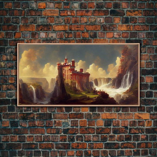 Fantasy wall art, canvas print, castle in the sky, castle atop mountains and waterfalls, watercolor - 10x20 Inches / Light Oak Frame