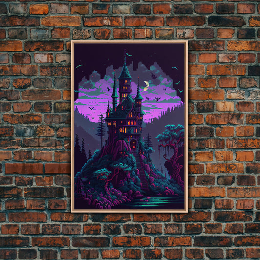 Transylvania Art, Cool Medieval castle 8 bit pixel art, fantasy art, framed canvas print, Cool castle art
