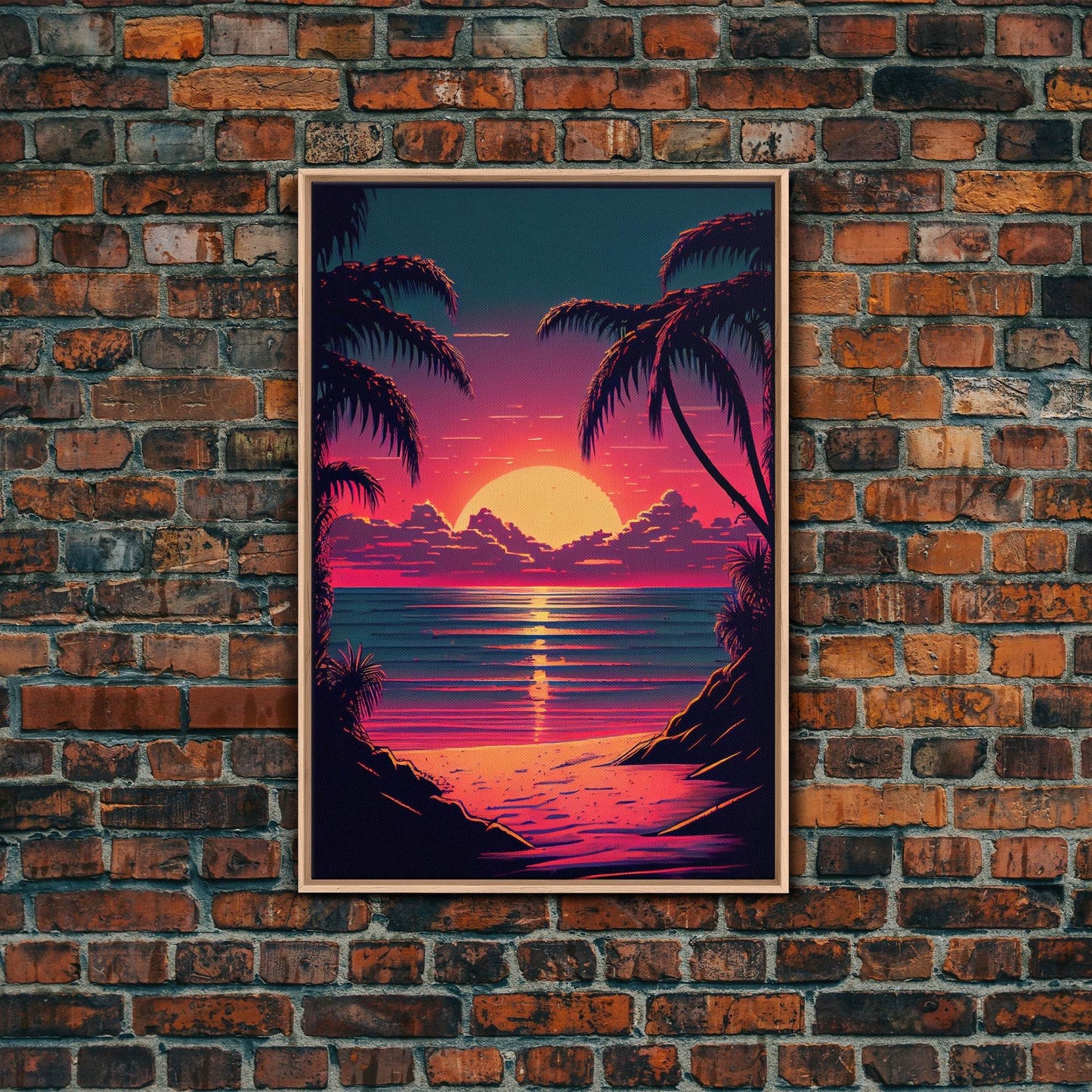 8 bit pixel art sunset, synthwave style palm tree beach, framed canvas print, framed wall art painting - 8x12 Inches / Light Oak Frame