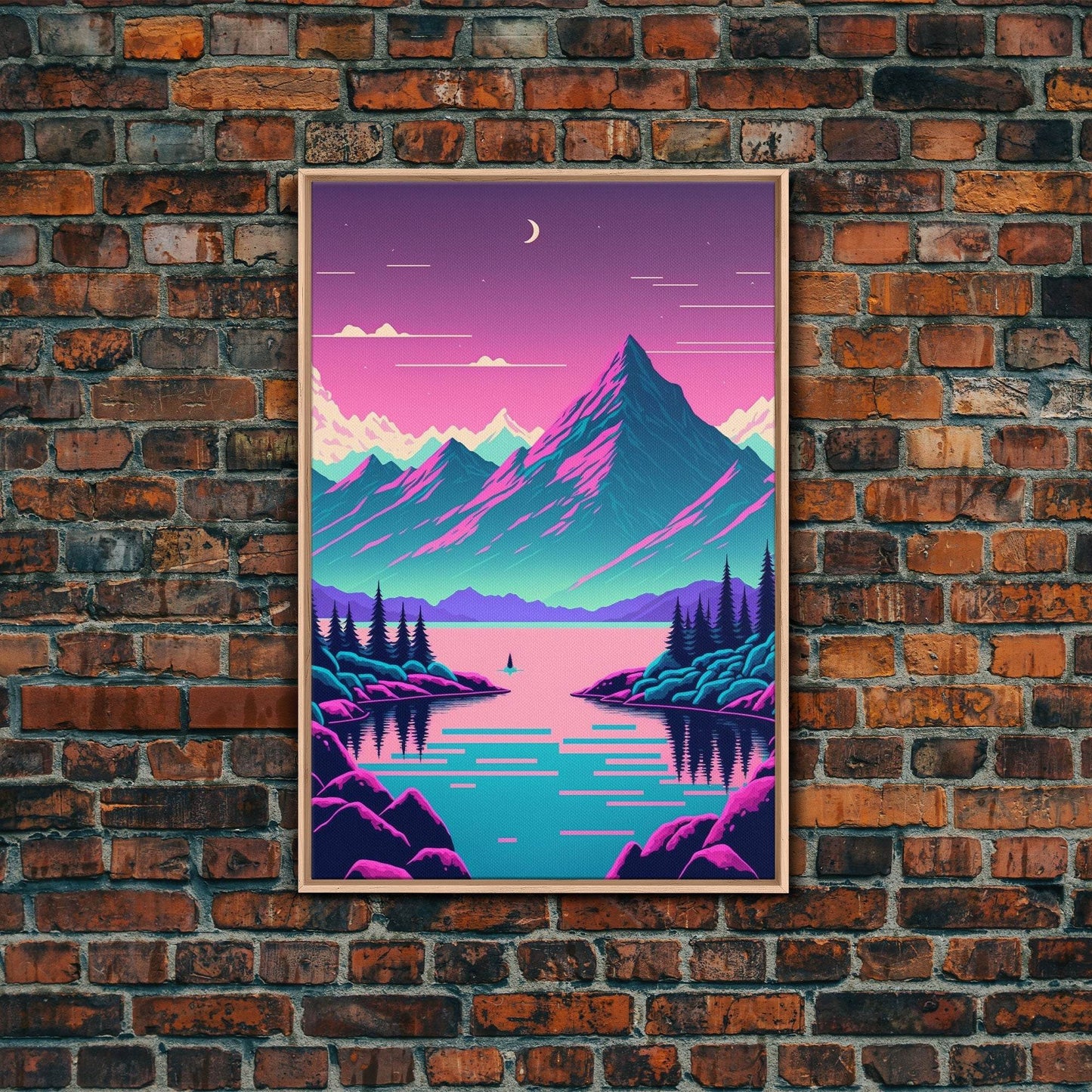 Pink and Purple Fantasy Mountain Art, Framed Canvas Print, Pacific Northwest Inspired Fantasy Art, Pop Art - 8x12 Inches / Light Oak Frame