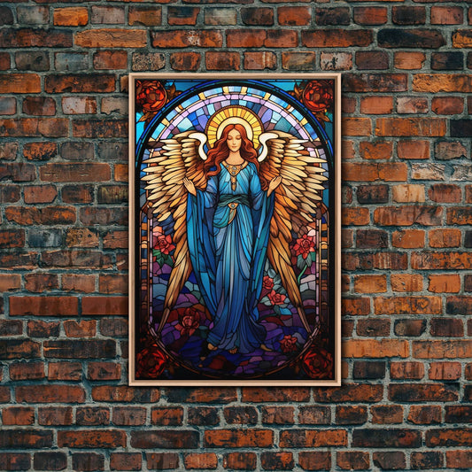 Angel, Fantasy Artwork Canvas Print, Wall Hanging, Portrait Art, Stained Glass Art, Mystical Wall Art, Tiny House Decor, Gift For Women - 8x12 Inches / Light Oak Frame
