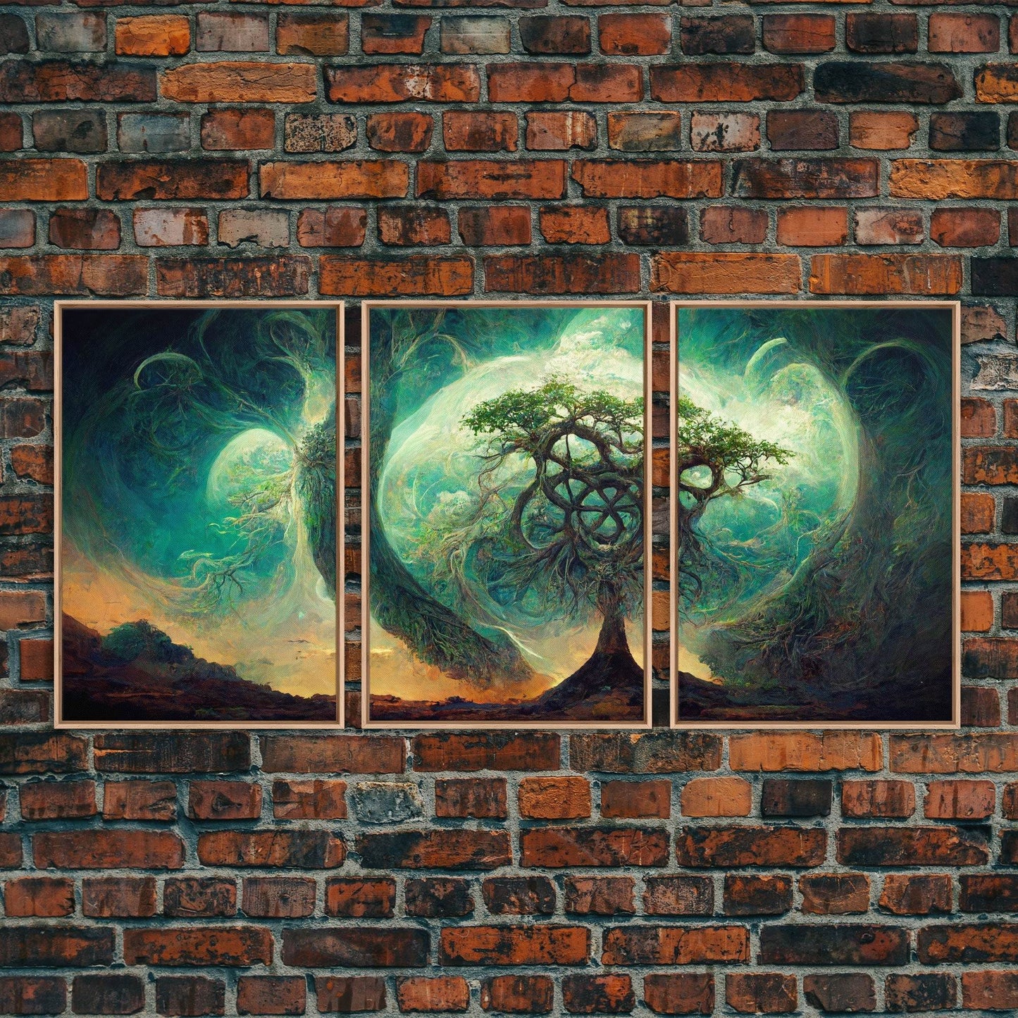 Yggdrasil Tree of Life, Nordic Viking Fantasy Art, Ready To Hang Canvas Print, Cool Living Room Wall Art Decor - 8x12 In. - 3 Pieces / Light Oak Frame