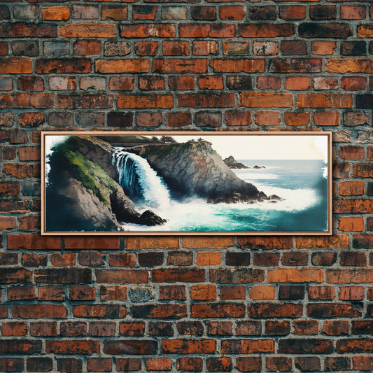 Panoramic Framed Canvas Print - Watercolor Fantasy Waterfall - Home Decor, Living Room, Secret Water Fall, Fantasy Art