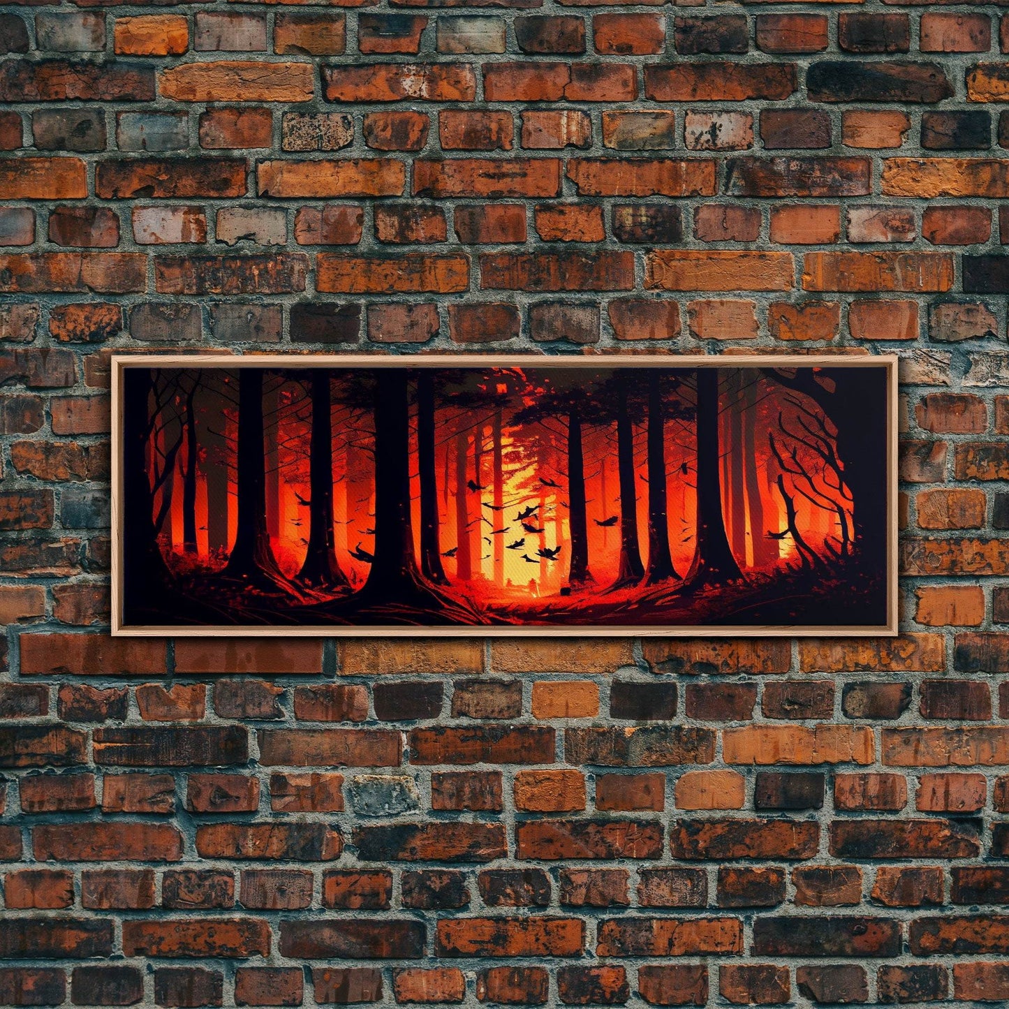 Forest Landscape Art, Forest Fire, Fall / Autumn Decor, Panoramic Wall Art, Framed Canvas Print, Orange and Yellow Fantasy Forest - 10x30 Inches / Light Oak Frame