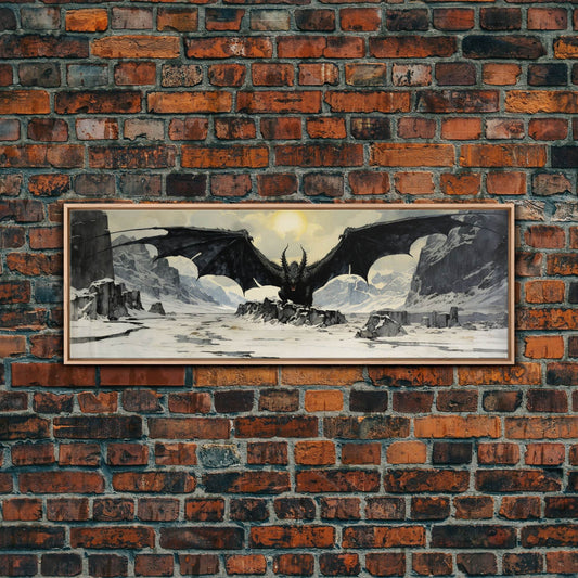 Panoramic Of a Dragon, Framed Canvas Print, Fantasy Decor, Fantasy Dragon Painting - 10x30 Inches / Light Oak Frame