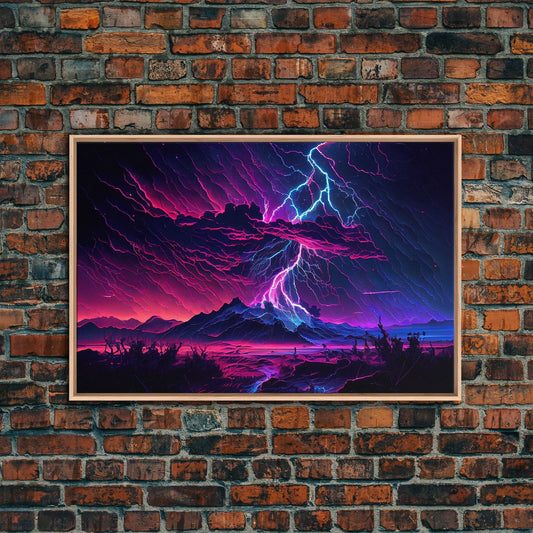 The Thunder Storm, framed canvas print, synthwave style fantasy art - 8x12 Inches / Light Oak Frame