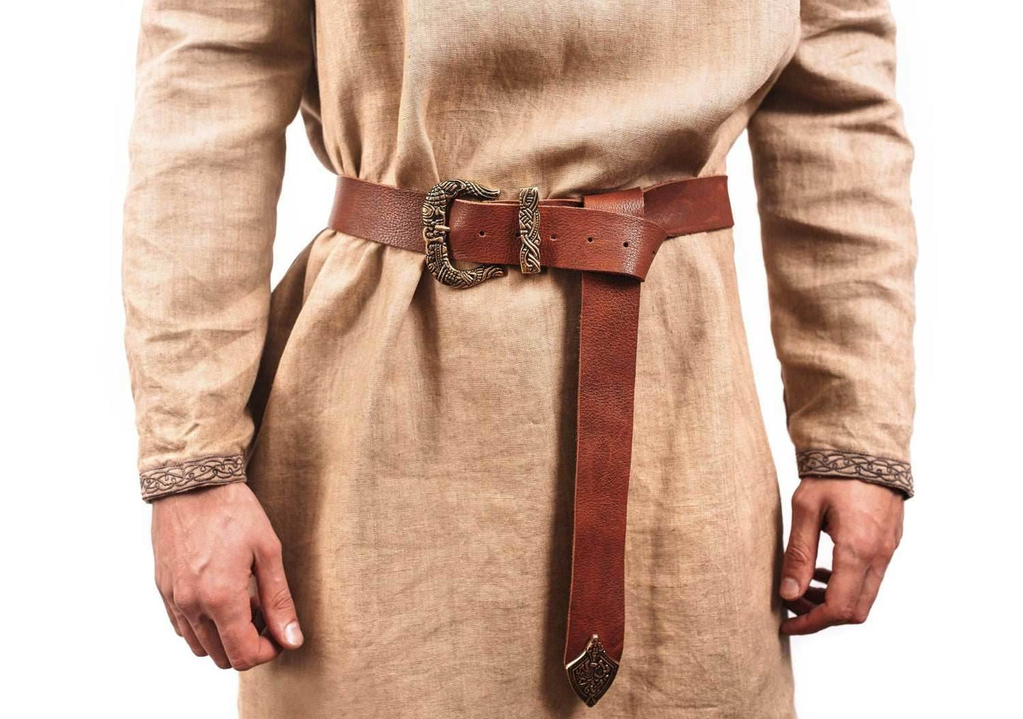 Brown Leather Belt with Brass Buckle & Tip - 
