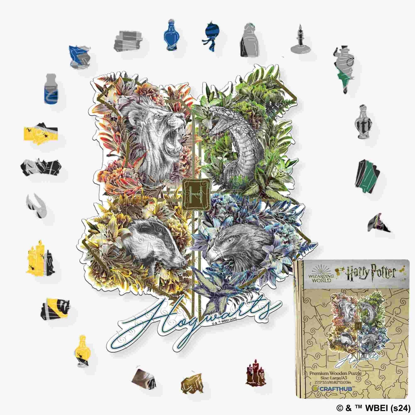 Harry Potter - Hogwarts Crests - Utilitarian Romance Wooden Jigsaw Puzzle - A4 + Wooden Gift Box