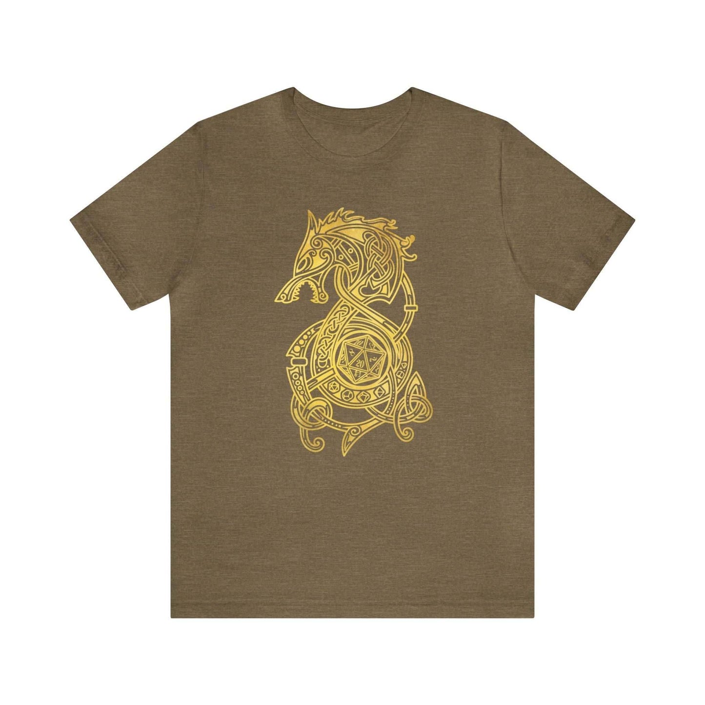 Golden Celtic Dice Dragon Shirt - Heather Olive / S