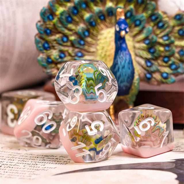 Peacock + Pink 7-Dice Set w/White Numbers Dnd Dice Set - 