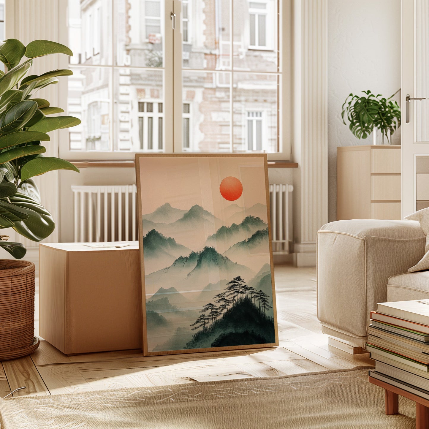 Misty Mountain Sunrise – Tranquil Asian-Inspired Landscape Print
