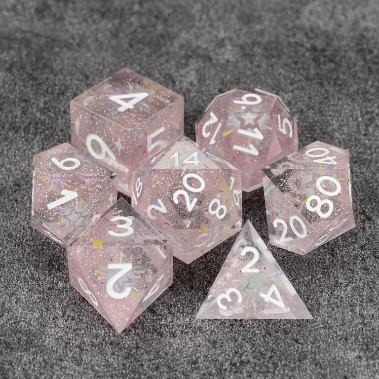Fireworks Pink Glitter Transparent Resin DND Dice Set