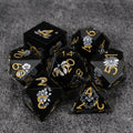 Black resin DND dice set with silver-white vintage magic emblem + gold numbers