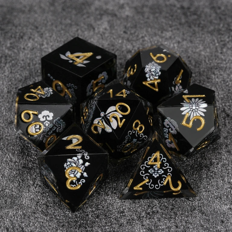 Black resin DND dice set with silver-white vintage magic emblem + gold numbers