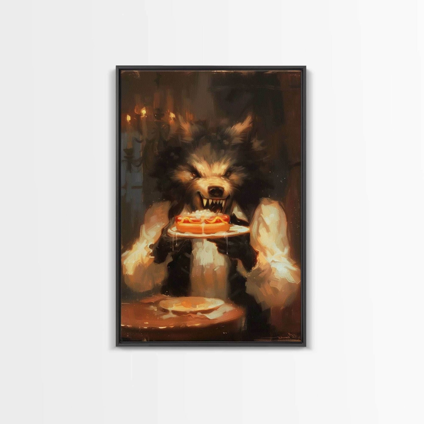 Halloween Werewolf Eating Hotdog, Framed Canvas Print, Wall Art, Spooky Artwork, Fantasy Decor, Halloween Decor, Whimsical Funny Halloween - 8x12 Inches / Black Frame
