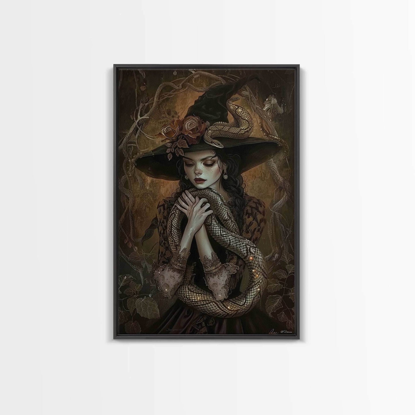 Mysterious Witch Holding Snake, Framed Canvas Print, Gothic Witch Art, Dark Fantasy Decor, Witch and Serpent, Halloween Accessories - 8x12 Inches / Black Frame