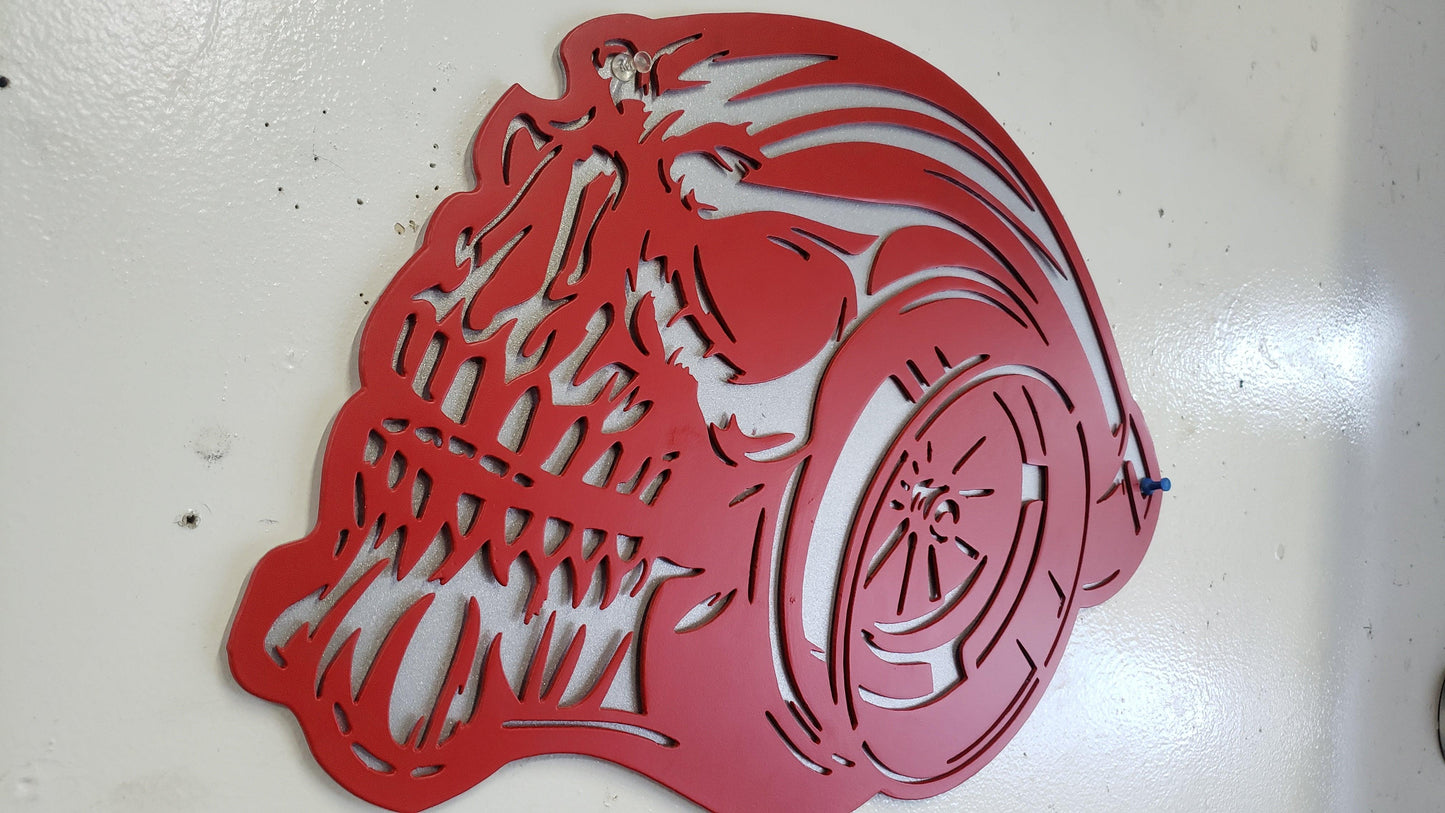 Turbo Skull Metal Wall Art – 16"x16" Automotive Turbocharger Skull Decor – Garage, Shop, Mancave Gift