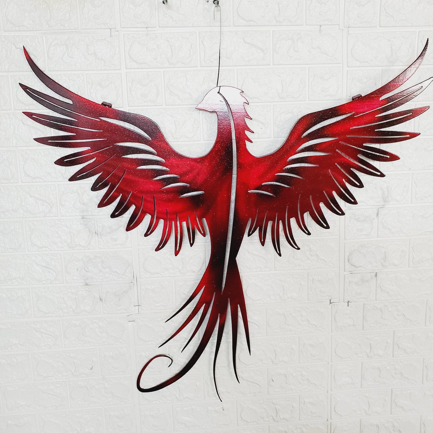 Phoenix Metal Wall Art – 23x23 Inch Plasma Cut Steel Wall Decor with Translucent Blue or Red Powder Coat – Sun Catching Home Accent