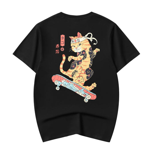 YeT019 Neko Skateboarding Cat Tee - Black / S