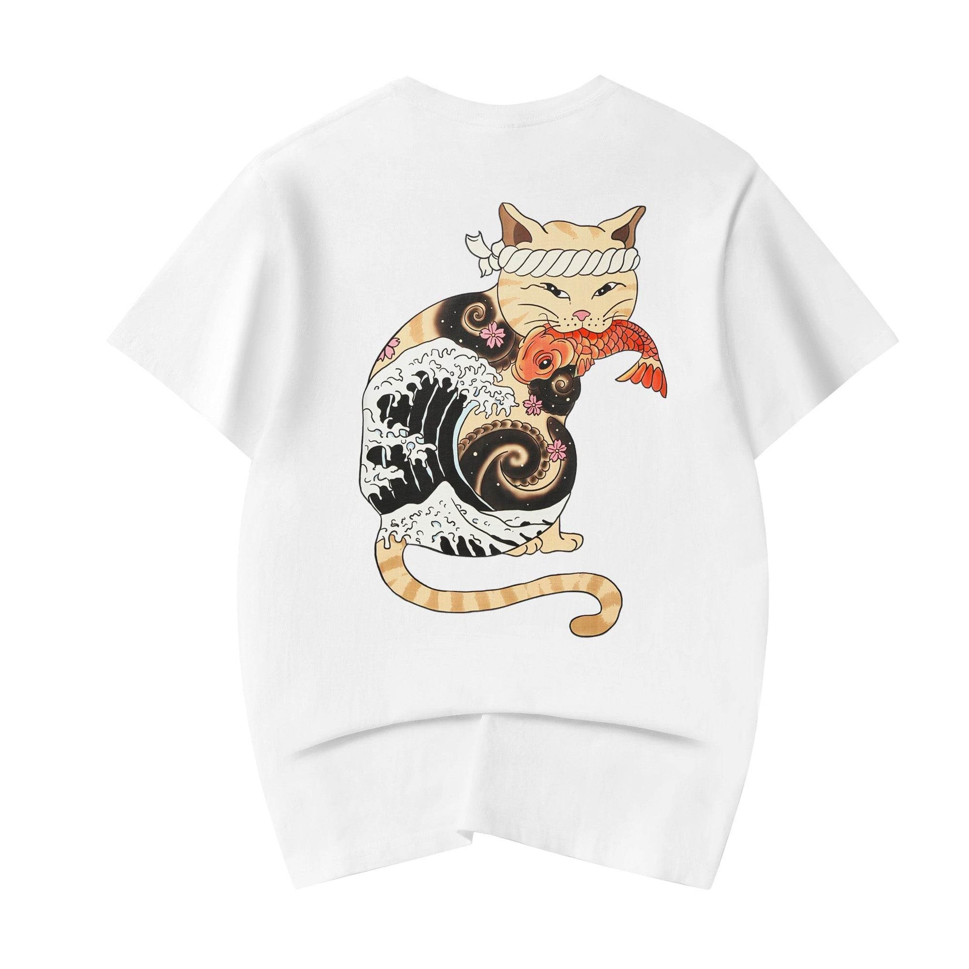 YeT015 Cat Koi Tee - White / S