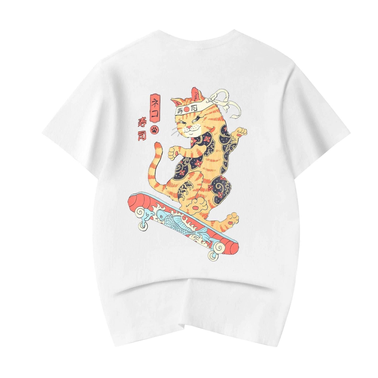 YeT019 Neko Skateboarding Cat Tee - White / S