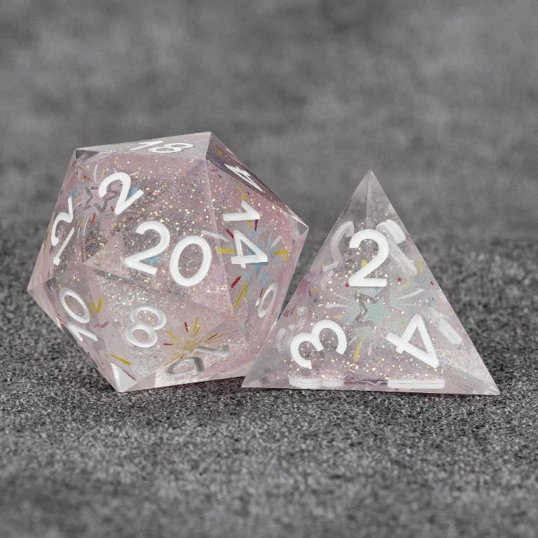 Fireworks Pink Glitter Transparent Resin DND Dice Set