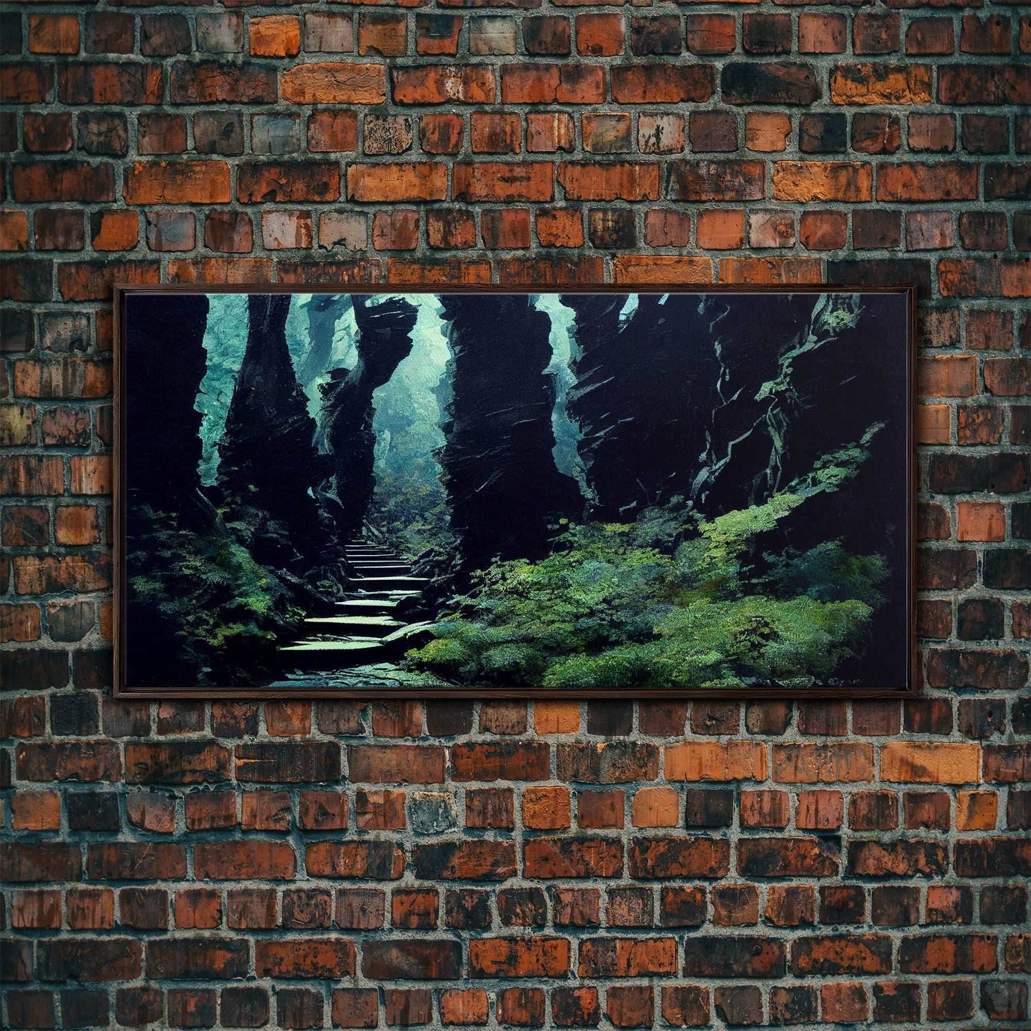 Fantasy Forest with Temple Steps, Wall Decor, Ready To Hang Framed Canvas Print, Oversize Wall Art - 10x20 Inches / Walnut Frame
