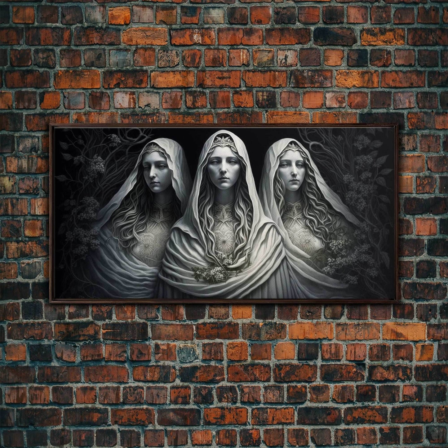 The Norns, Norse Mythology, Weavers of Fate, Framed Canvas Print, Urðr, Verðandi, and Skuld, Black and White Norse Fantasy Art - 10x20 Inches / Walnut Frame