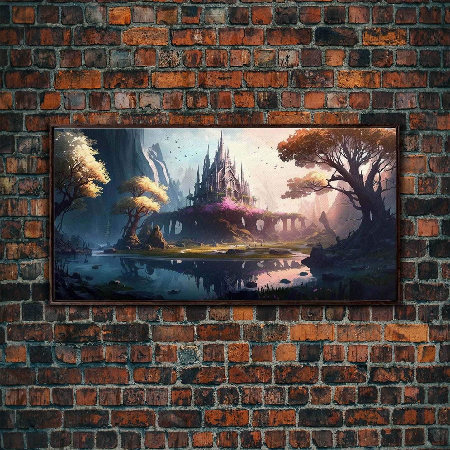 Norse Mythology Art, Alfheim Realm of the Light Elves, Framed Canvas Print, Fantasy Wall Art - 10x20 Inches / Walnut Frame