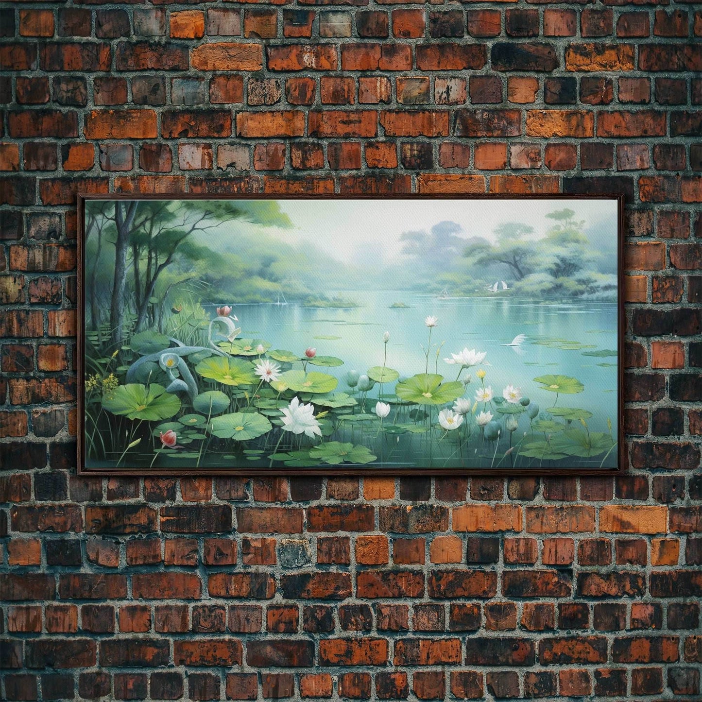 Lake Wall Art, Water Lily Wall Print, Fantasy Art, Panoramic Art, Wall Art, Canvas Art, Landscape Art, Wall Hanging, Client Gift, Ranch Art - 10x20 Inches / Walnut Frame