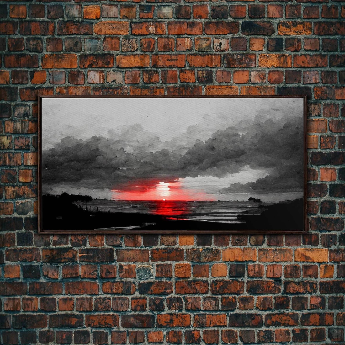 Creepy Blood moon canvas print, dark fantasy art, black and white art, Halloween, spooky art, horror landscape art - 10x20 Inches / Walnut Frame
