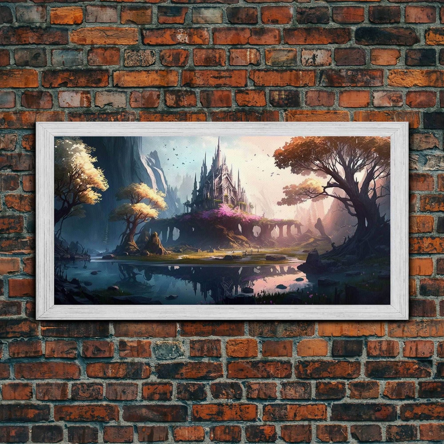 Norse Mythology Art, Alfheim Realm of the Light Elves, Framed Canvas Print, Fantasy Wall Art - 10x20 Inches / Gold Frame