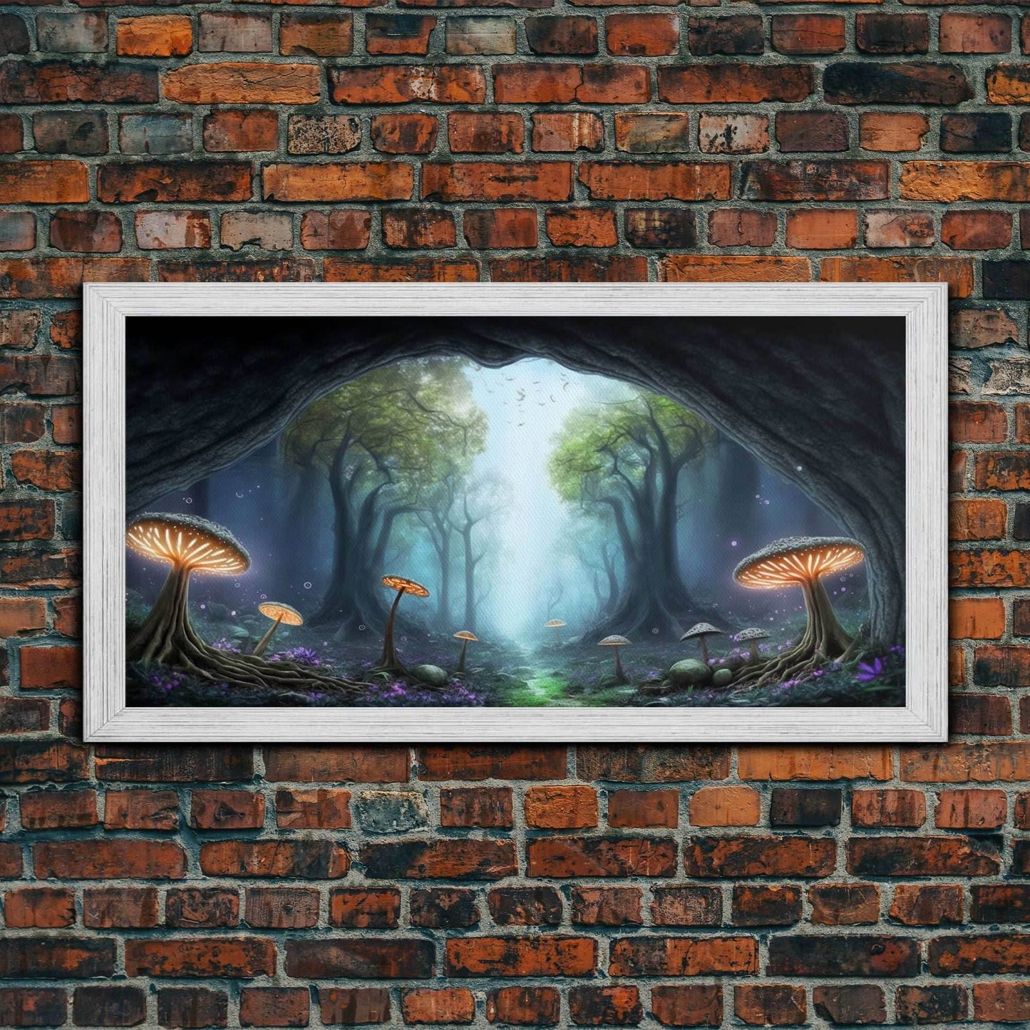 Magical Enchanted Mushroom Forest, Fantasy Art, Framed Canvas Print, Bioluminescent Butterflies in an Enchanted Forest, Glowing Art - 10x20 Inches / Gold Frame