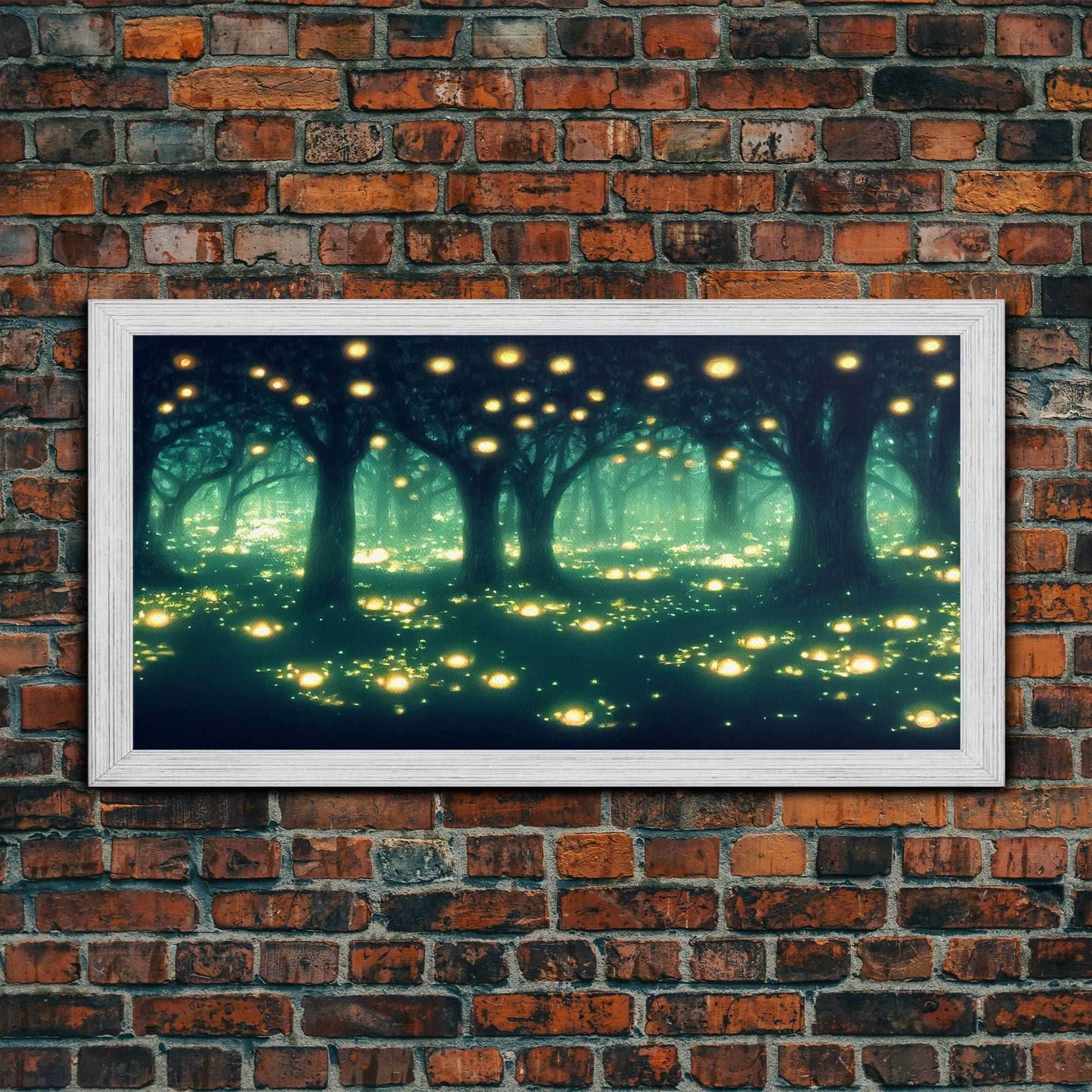 Fireflies At Night In A Fantasy Forest, Framed Ready To Hang Canvas Print, beautiful wall art, guest room decor - 10x20 Inches / Gold Frame
