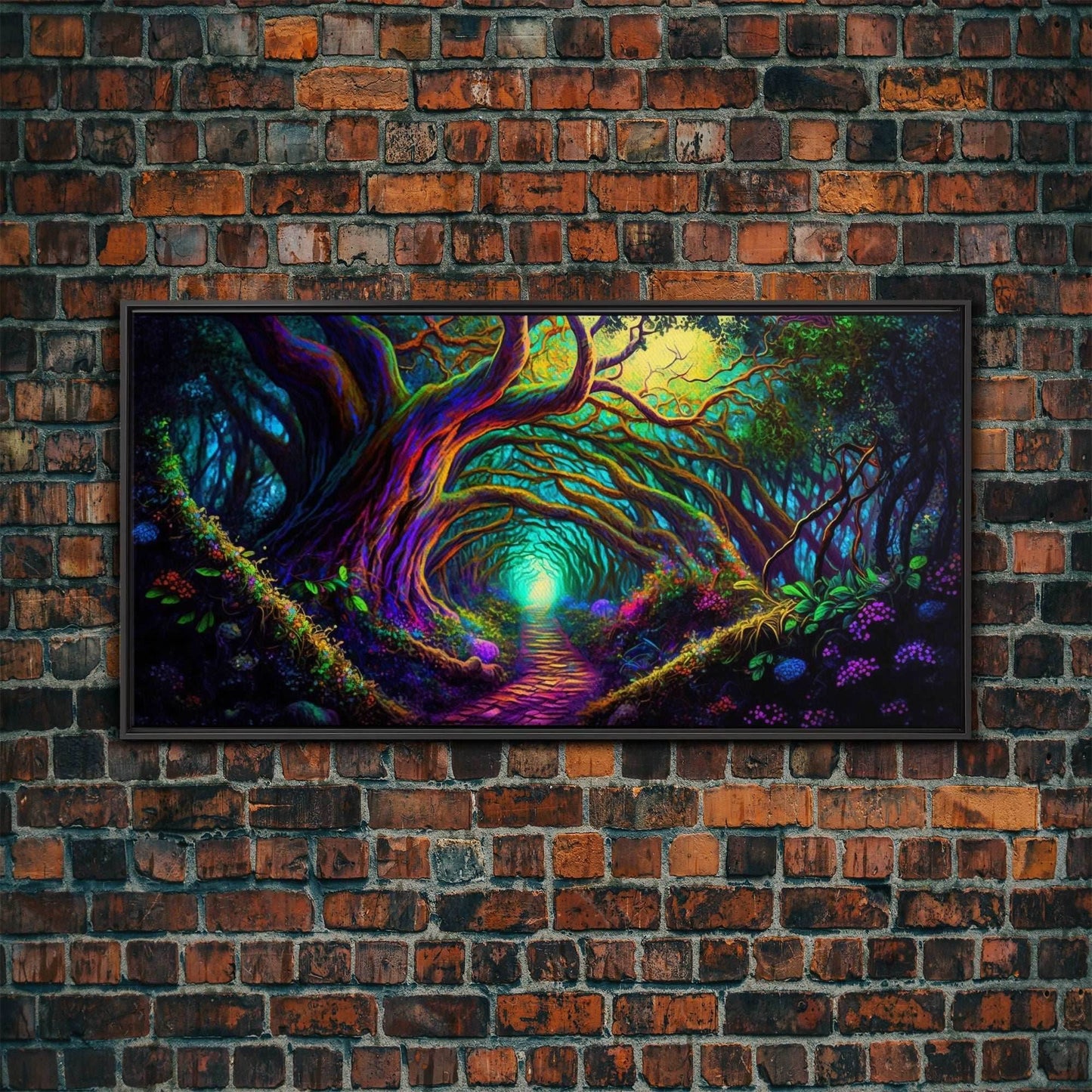 Fantasy wall art, canvas print, magical forest, fantasy landscape art, ready to hang wall art, magical glowing forest fantasy art - 10x20 Inches / Black Frame