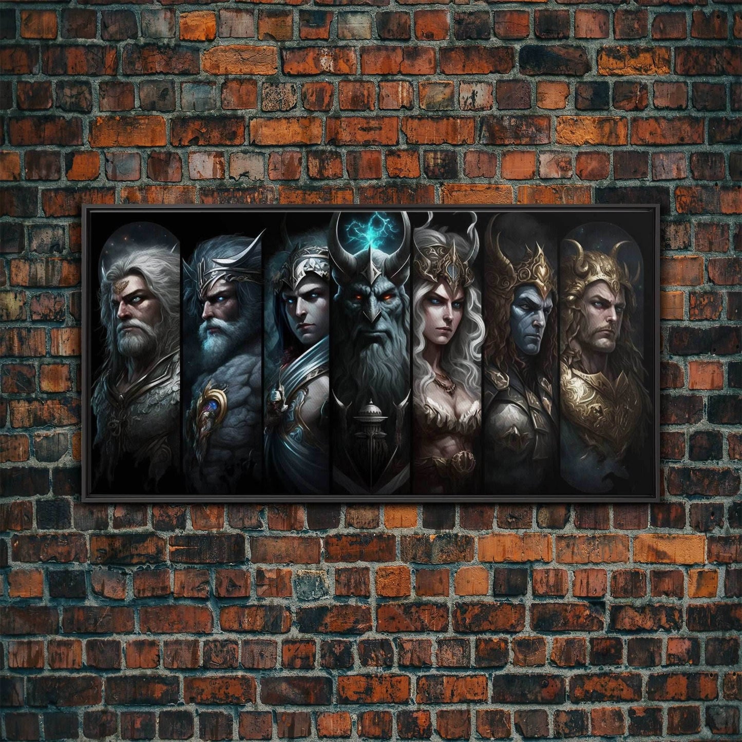 The Æsir, Aesir, Old Norse Gods, Framed Canvas Print, Norse Mythology, Scandinavian Mythology Fantasy Art - 10x20 Inches / Black Frame