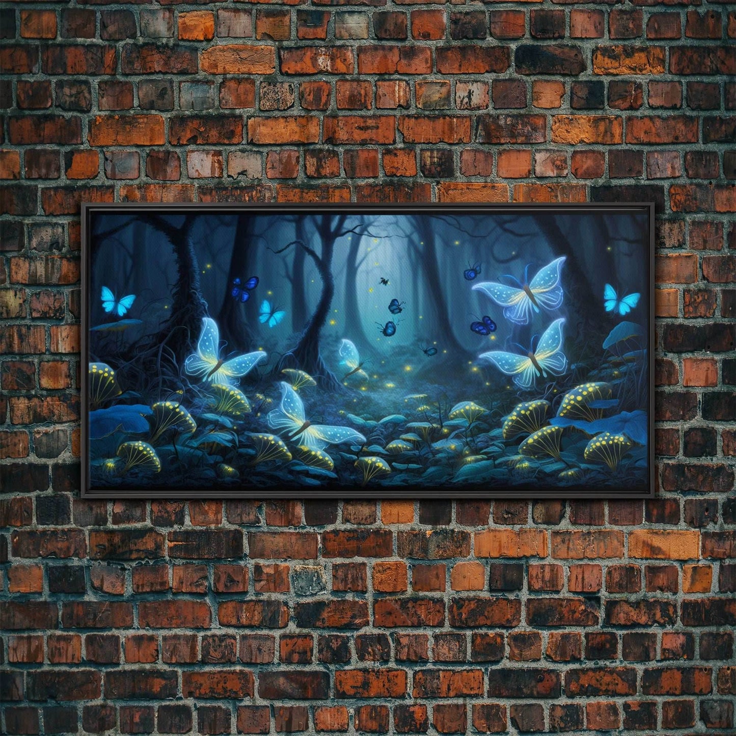 Magical Enchanted Fairy Forest, Fantasy Art, Framed Canvas Print, Bioluminescent Butterflies in an Enchanted Forest, Glowing Art - 10x20 Inches / Black Frame