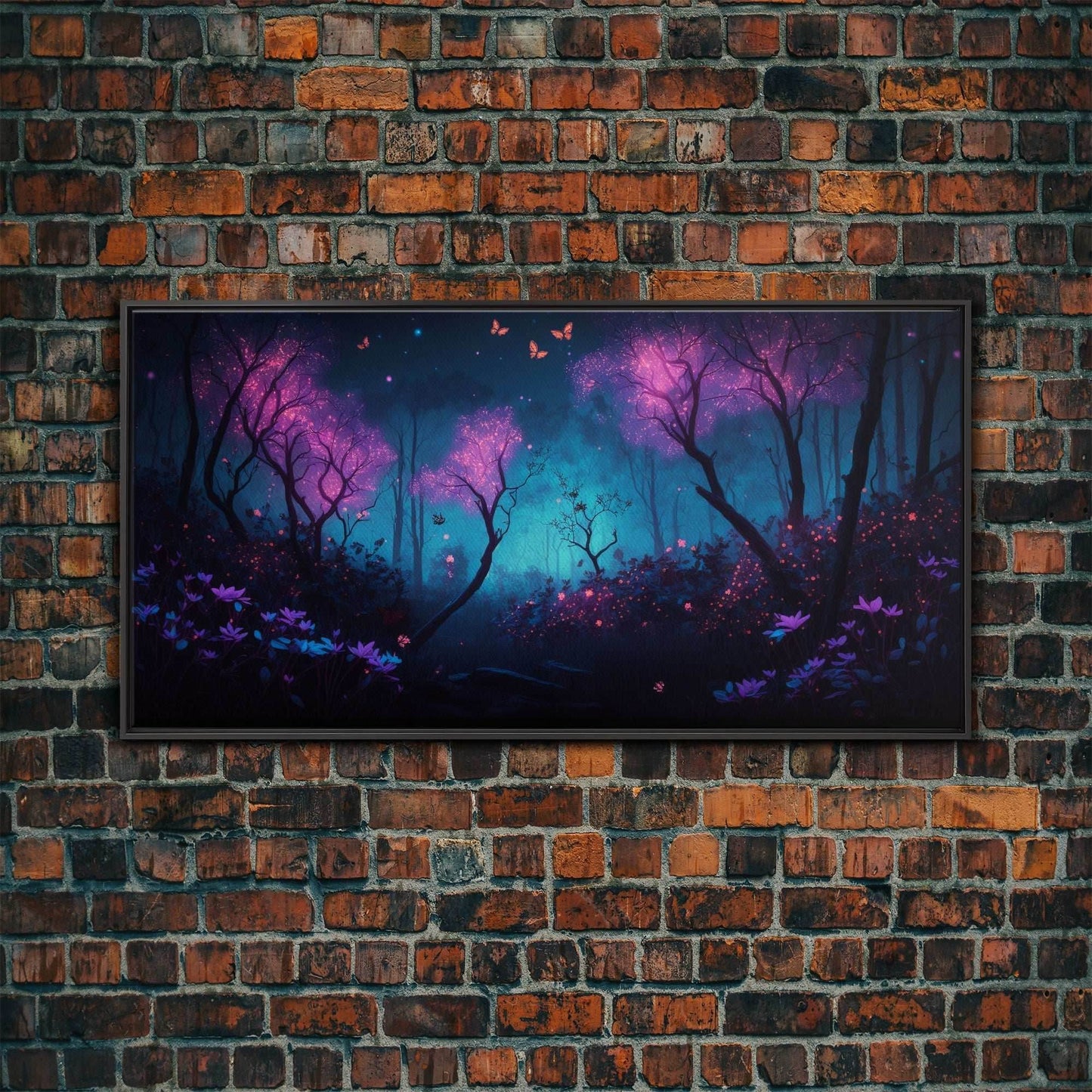 Beautiful forest canvas print Fantasy forest wall art Forest Painting, Framed Art, Glowing Butterflies - 10x20 Inches / Black Frame