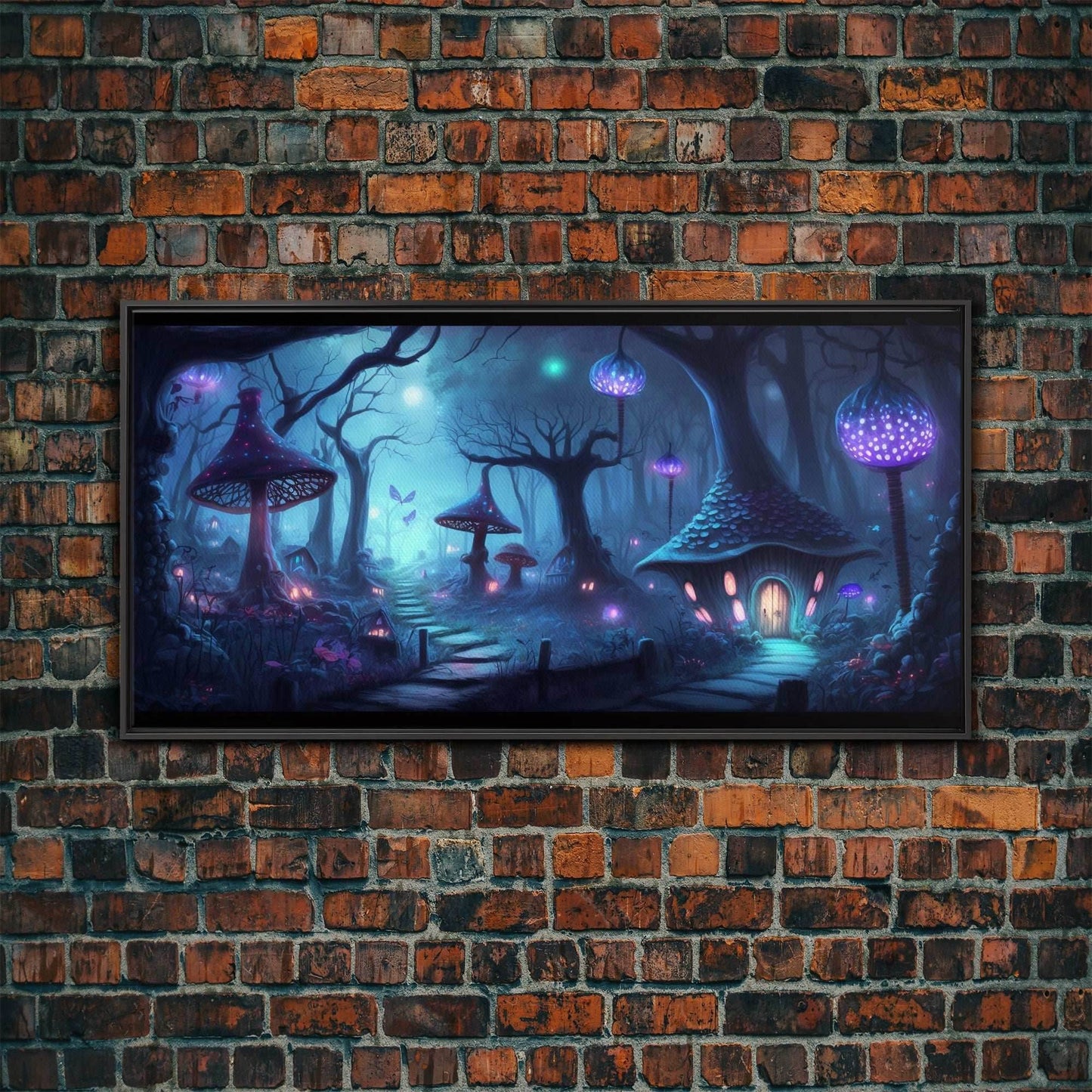 Magical Mushroom Fantasy Forest Wall Art, Framed Canvas Print, Game Room Art, Fantasy Decor - 10x20 Inches / Black Frame