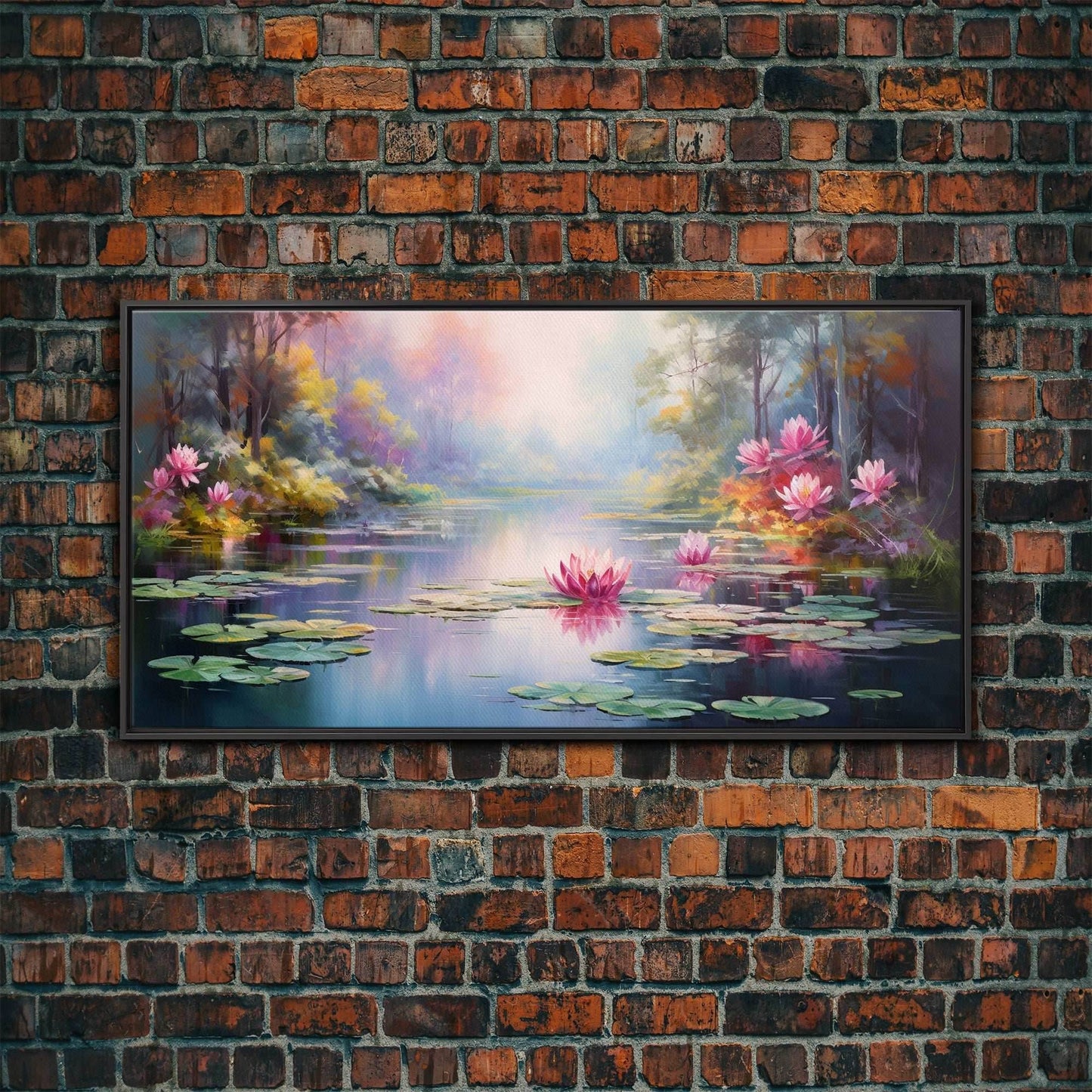 Pond Art, Lake Wall Print, Fantasy Wall Art, Water Lilies Wall Art, Panoramic Art, Wall Art, Canvas Art, Landscape Art, Friendship Gift - 10x20 Inches / Black Frame