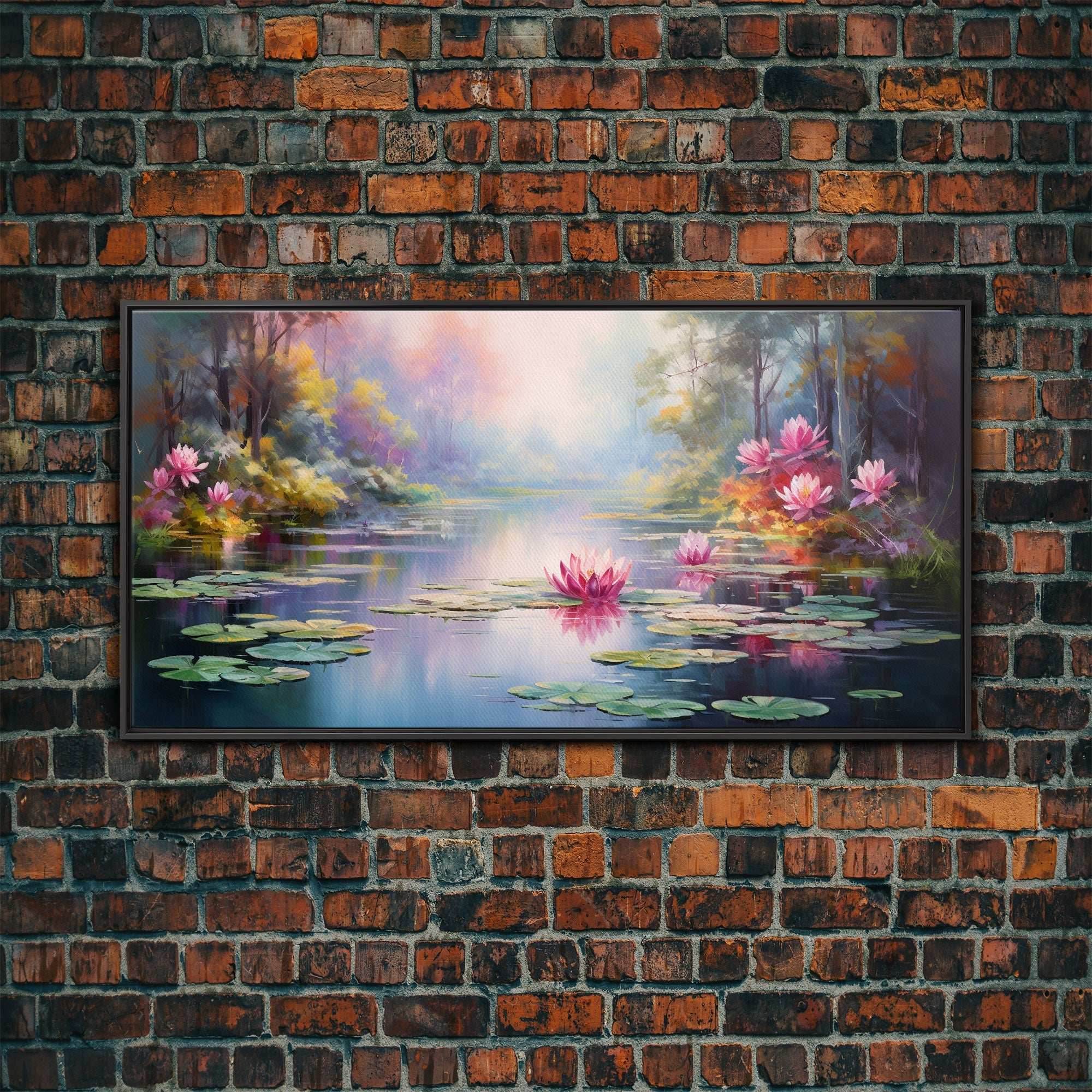 Pond Art, Lake Wall Print, Fantasy Wall Art, Water Lilies Wall Art, Panoramic Art, Wall Art, Canvas Art, Landscape Art, Friendship Gift - 10x20 Inches / Black Frame